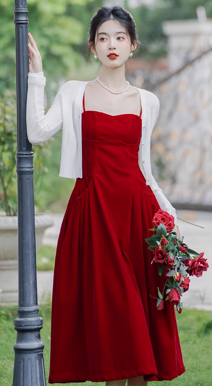 French retro high waist slim sexy velvet dress dress suspenders skirt R1463