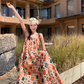 National style retro floral suspender dress temperament loose A-line long skirt R0615