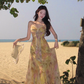 Yellow gradient floral suspender dress with gentle temperament and slim waist R0681