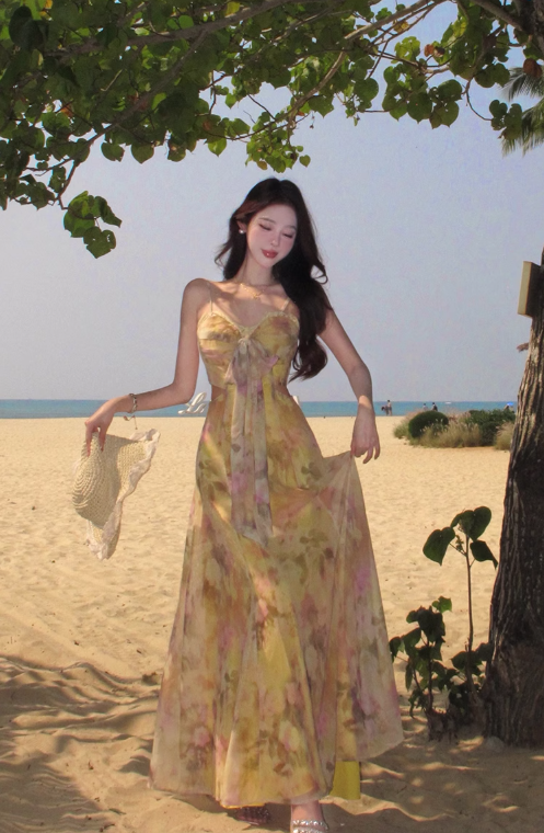 Yellow gradient floral suspender dress with gentle temperament and slim waist R0681