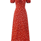 2025 Summer New Red Floral Tea Break Ruffled V-Neck French Waist Dress R0918