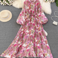 Light luxury temperament lantern long sleeve round neck waist single breasted print elegant dress R0403
