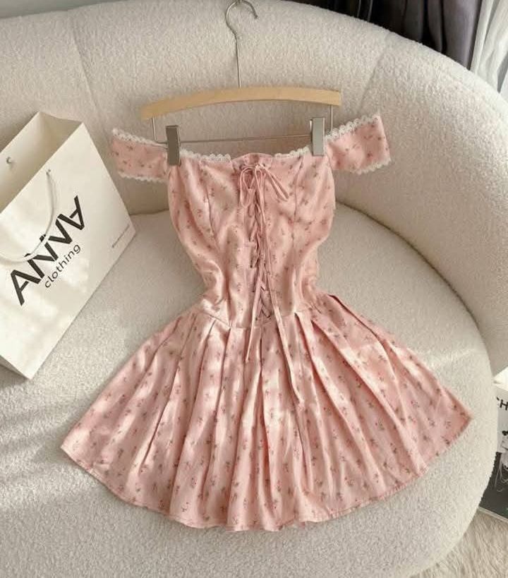 Pink floral one-shoulder slim waist A-line short skirt homecoming dress R3407