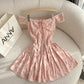 Pink floral one-shoulder slim waist A-line short skirt homecoming dress R3407