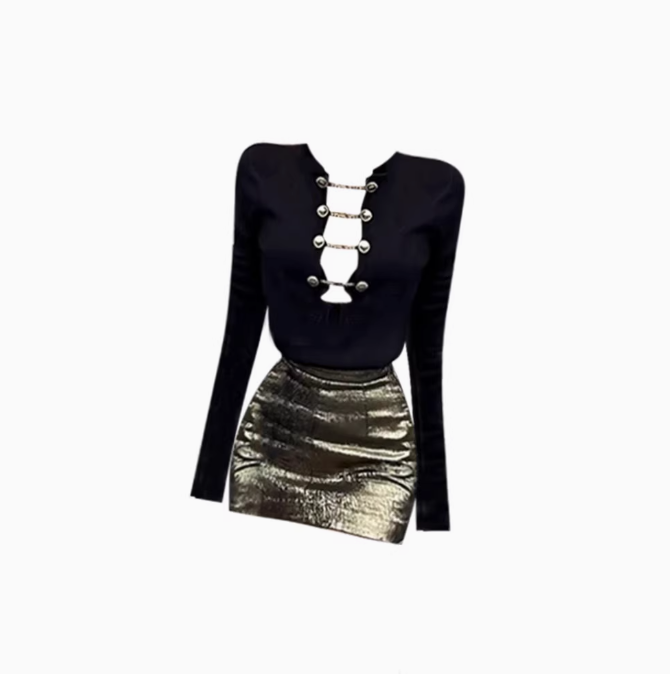 Sexy hot girl hollow chain button knitted top 2025 temperament lady hip skirt suit R1121