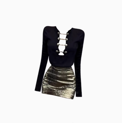 Sexy hot girl hollow chain button knitted top 2025 temperament lady hip skirt suit R1121