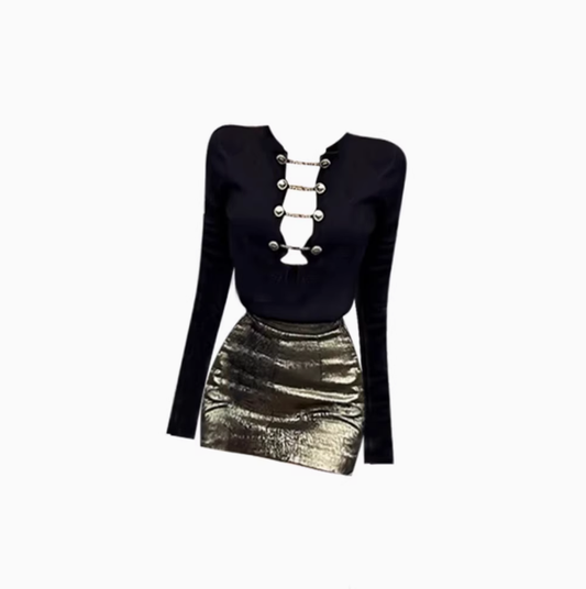 Sexy hot girl hollow chain button knitted top 2025 temperament lady hip skirt suit R1121