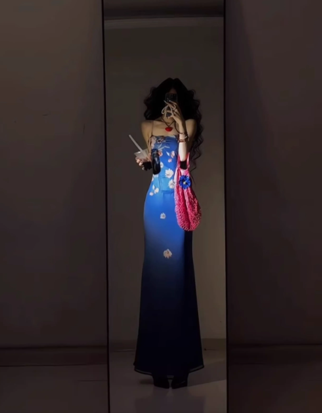 Retro blue floral dress sexy waist slim hip suspender skirt R0640