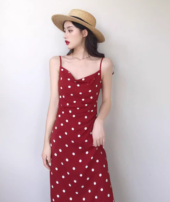 Retro mid-length polka dot dress French style holiday style sexy slim suspender skirt R1495