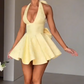 Apricot halter neck suspenders low cut sexy slim short skirt homecoming dress R3760
