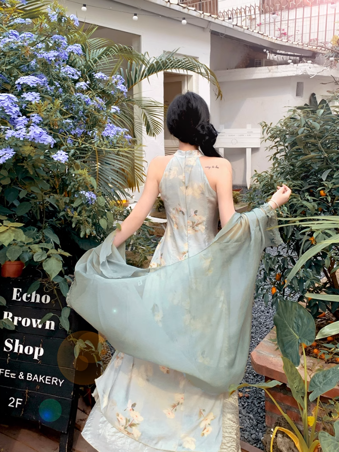 Fairy New Chinese Retro Temperament Splicing Printed Long Skirt Sleeveless Halter Neck Dress R1711