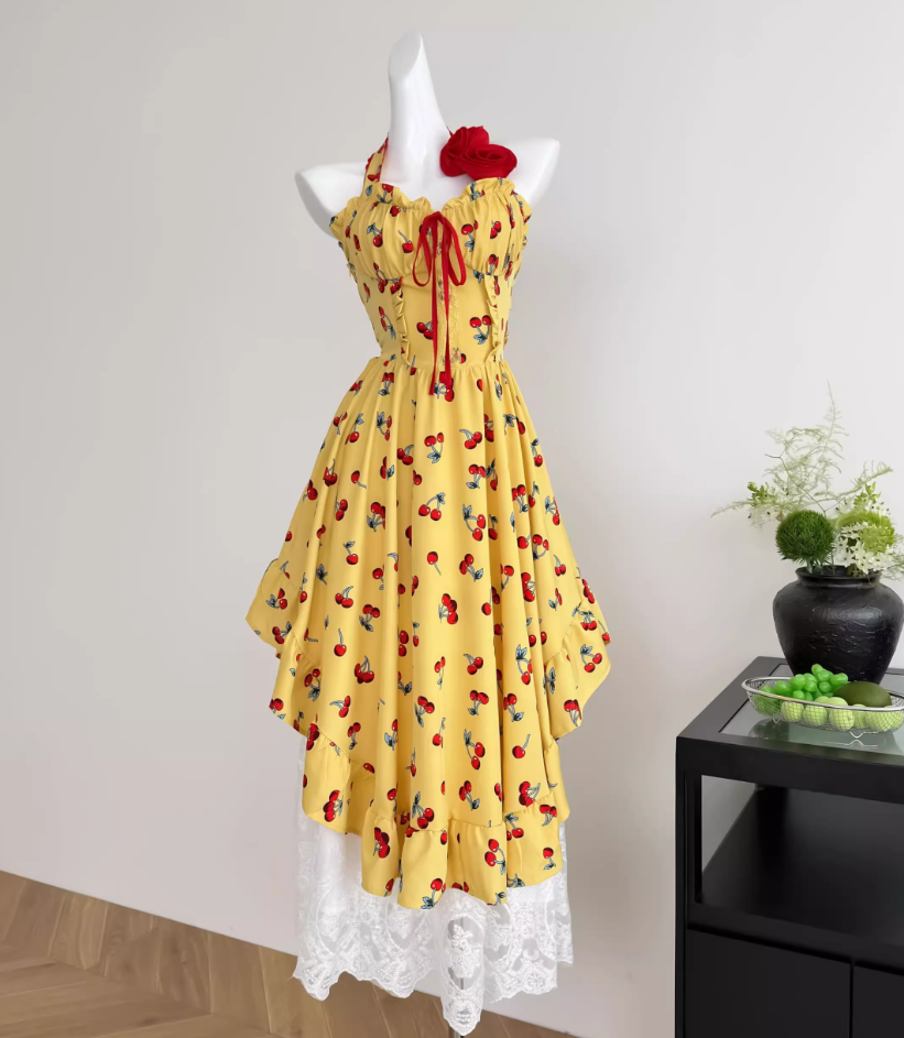 Yellow holiday style irregular backless suspender skirt + skirt R2032