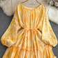 Gentle style lady temperament long sleeve low round neck waist medium length A-line printed dress R0392