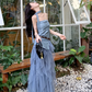 Beautiful outfit set: blue polka dot irregular tube top, mesh ruffle skirt, two-piece set R1720