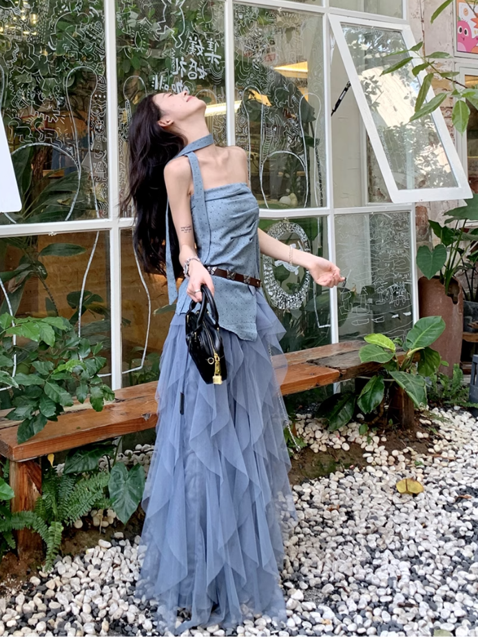 Beautiful outfit set: blue polka dot irregular tube top, mesh ruffle skirt, two-piece set R1720