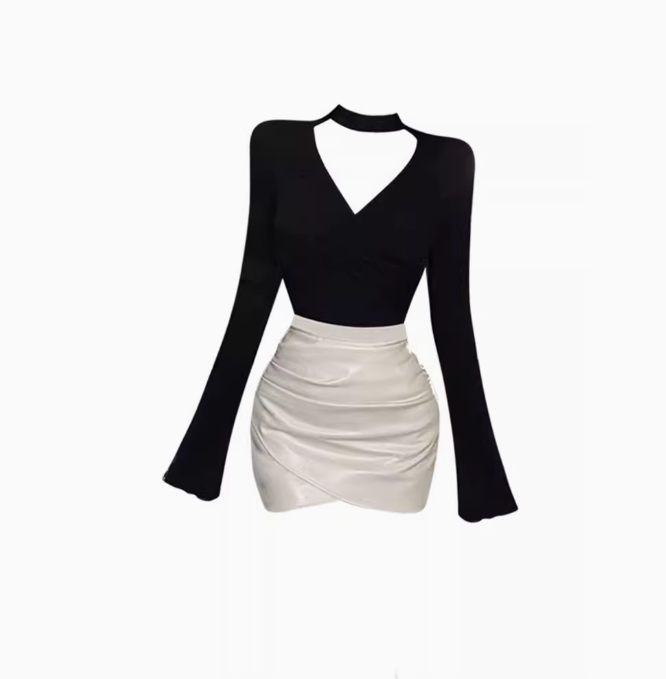 Royal sister style V-neck slim bottoming top 2025 plus size hot girl hip leather skirt suit R1033