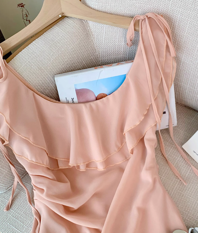 French ruffled large U-neck dress for women new style pleated gentle style short A-line skirt R4032