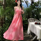Travel wear vacation French pink white slim print chiffon suspender dress a-line skirt R1627