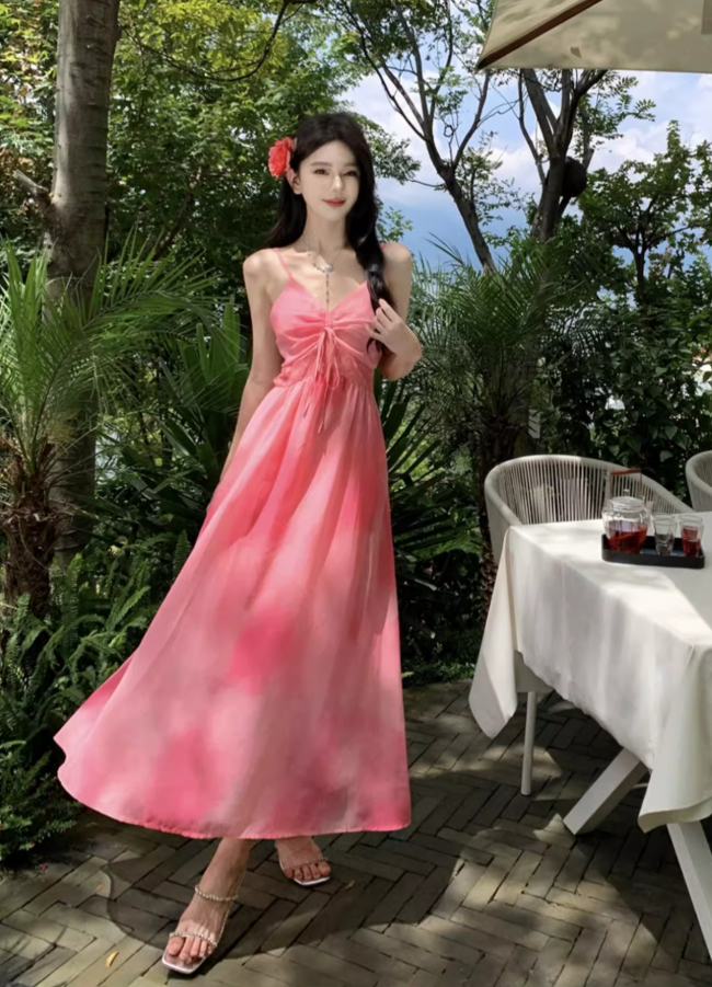 Travel wear vacation French pink white slim print chiffon suspender dress a-line skirt R1627