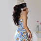 American pastoral blue floral dress waist suspender dress A-line short skirt R2856
