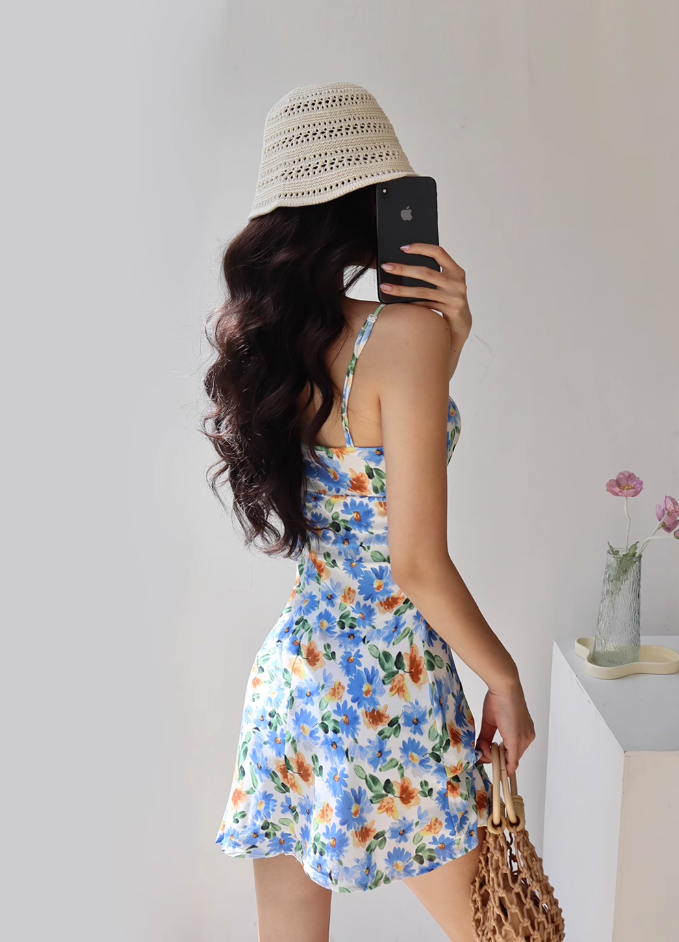 American pastoral blue floral dress waist suspender dress A-line short skirt R2856