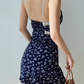 French retro floral suspender dress with slim waist and lace short skirt R2858