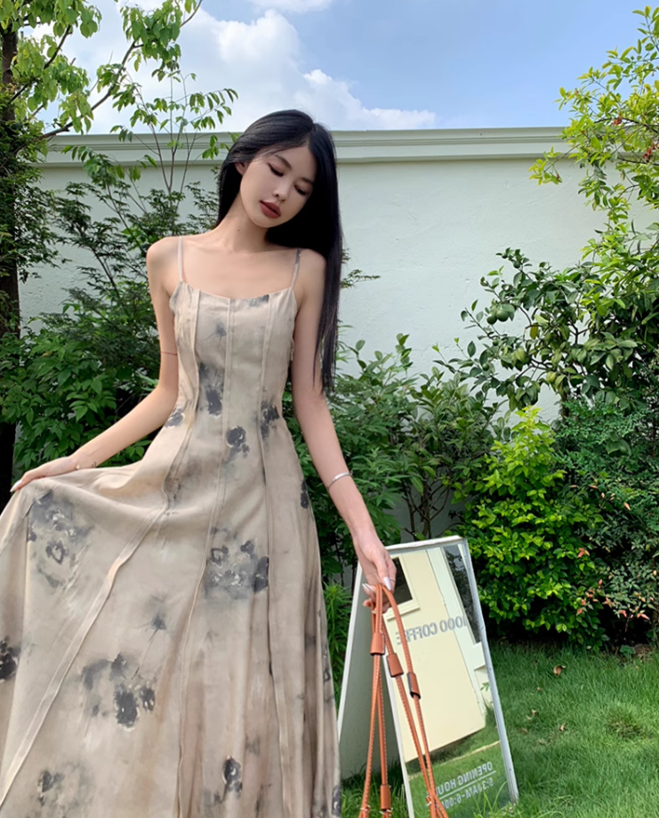 Fairy new Chinese style ink-dyed dress design backless holiday style suspender long dress R1724