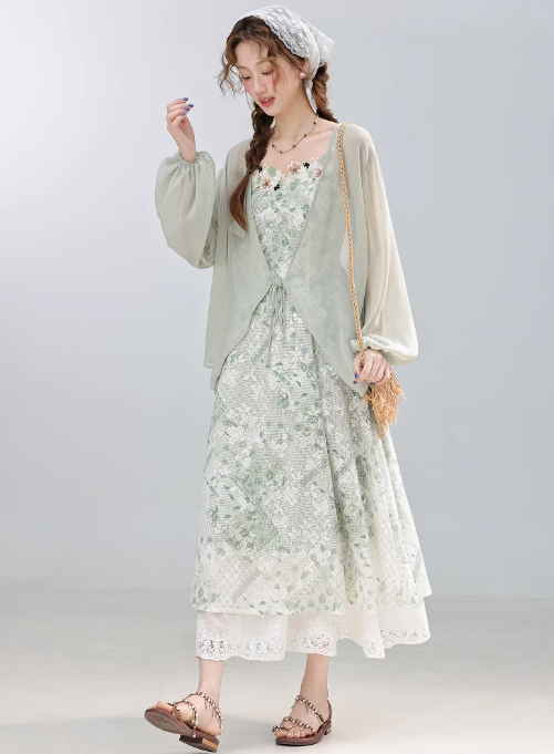 2025 summer new green thin sunscreen cardigan with suspender skirt jacket R1896