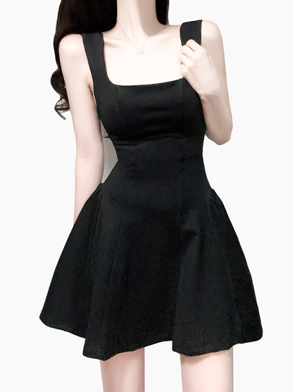 2025 Summer New French Black Dress Square Neck Waist Short Dress R0925