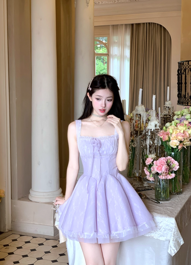 Purple square neck waist A-line suspender dress summer French retro temperament high-end skirt R4625