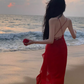 Beach photo shoot red sexy ruffled high slit halter back dress R1583