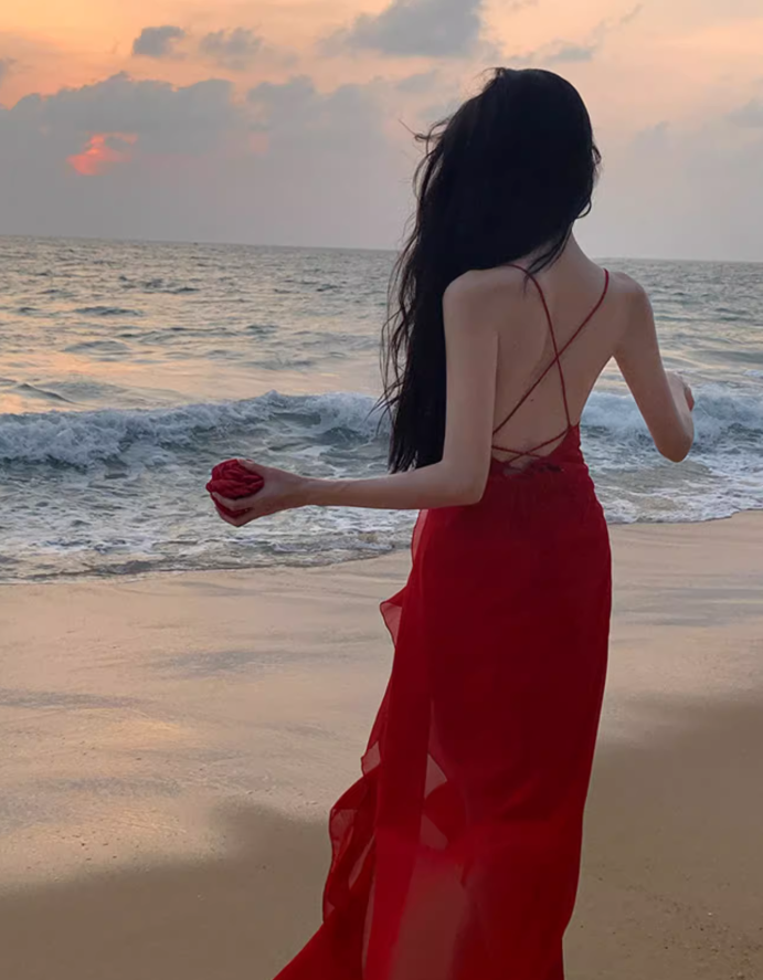 Beach photo shoot red sexy ruffled high slit halter back dress R1583
