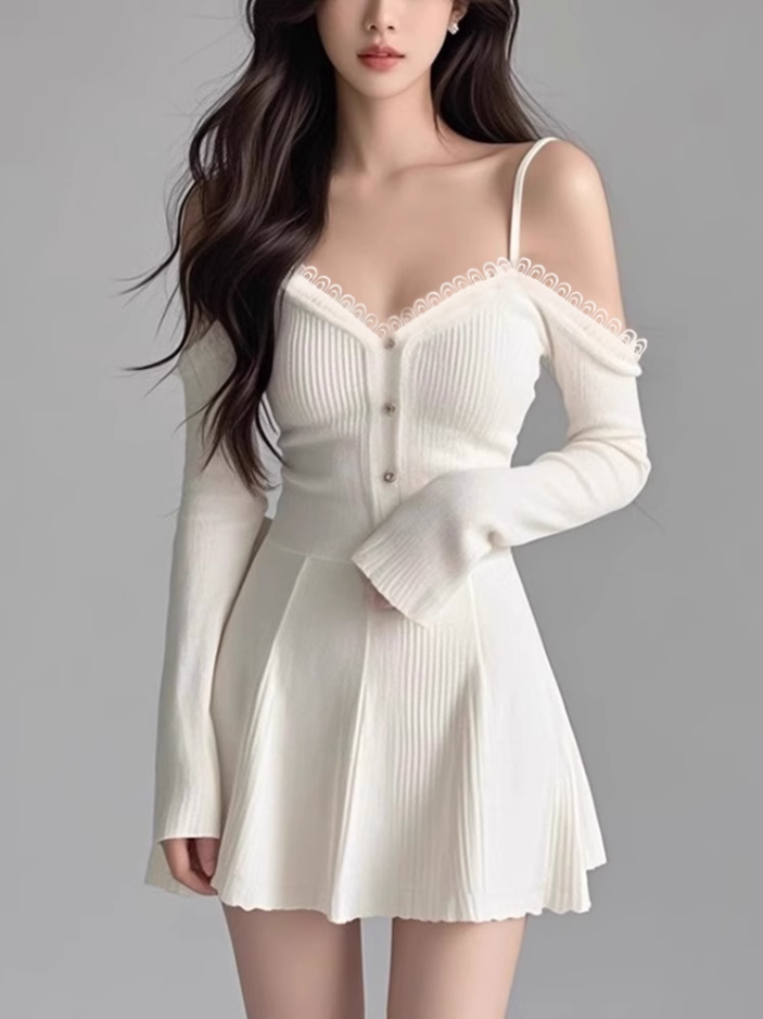 Pure desire style one-shoulder sling dress 2025 temperament waist A-line short skirt R1270