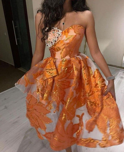 Orange satin tube top design neckline slim waist long dress homecoming dress R3724