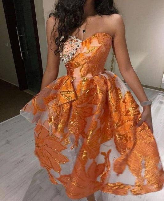 Orange satin tube top design neckline slim waist long dress homecoming dress R3724