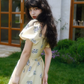 French square neck puff sleeve dress temperament tea break dress retro skirt R2705