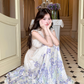 V-neck small flying sleeves printed hollow waist dress women's summer French temperament skirt R4618