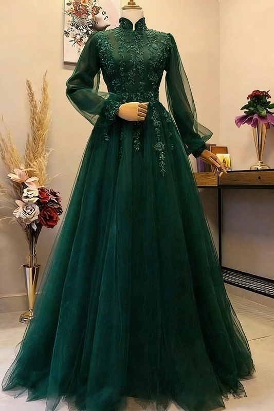 A Line Wine Red Long Evening Dresses Full Sleeve Formal Dress      S3582