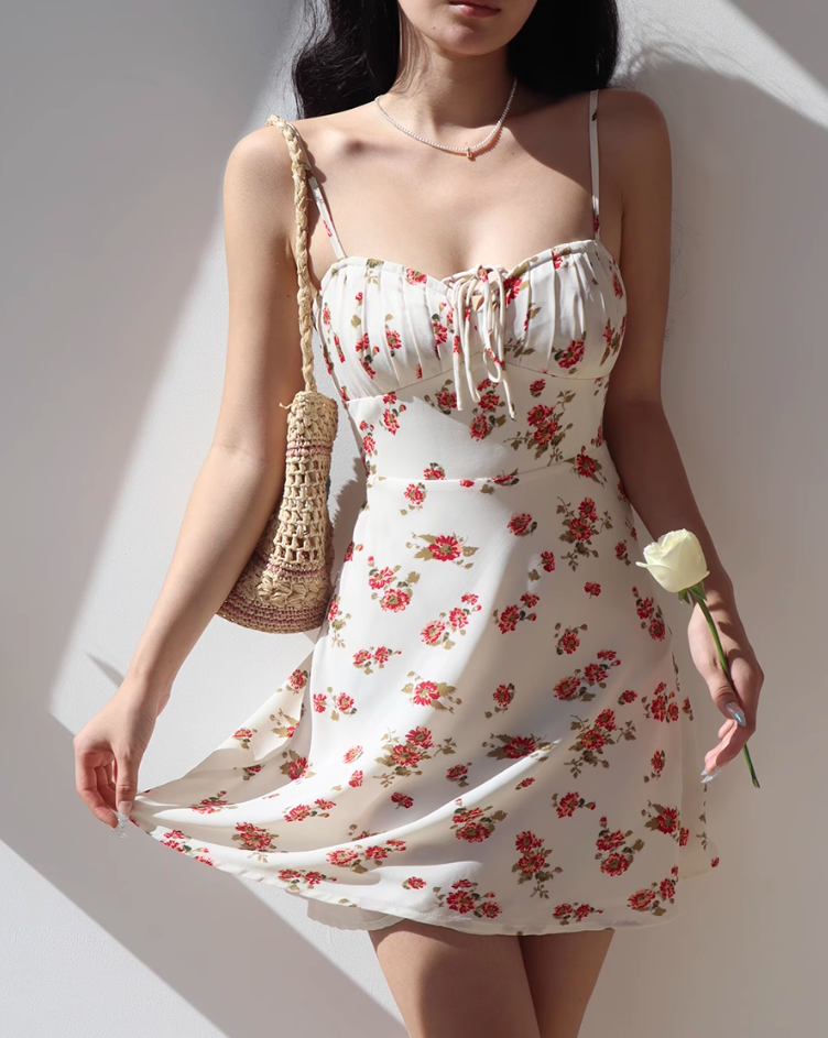 French retro floral sexy waist suspender dress A-line short skirt R2826