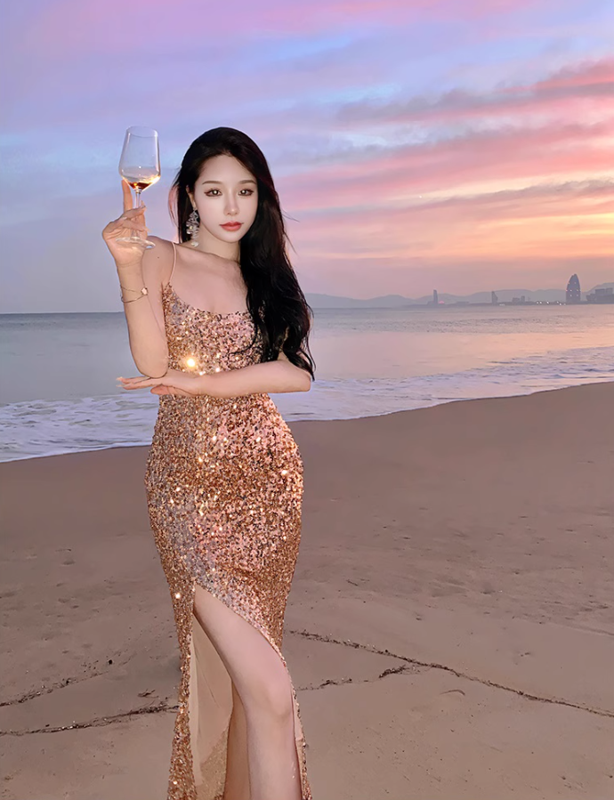 Sexy gold sequined suspender dress with slit hip-hugging holiday beach dress dress R1490