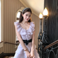 Purple waist round neck ruffled suspender dress women's summer skirt R4659