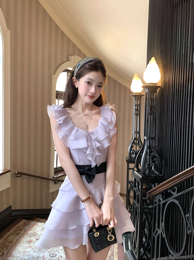 Purple waist round neck ruffled suspender dress women's summer skirt R4659