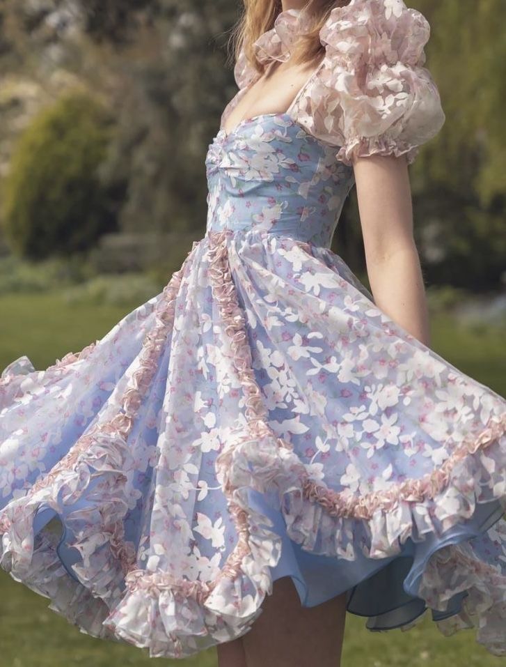 Powder blue puff sleeve waist A-line fantasy princess skirt homecoming dress R3690