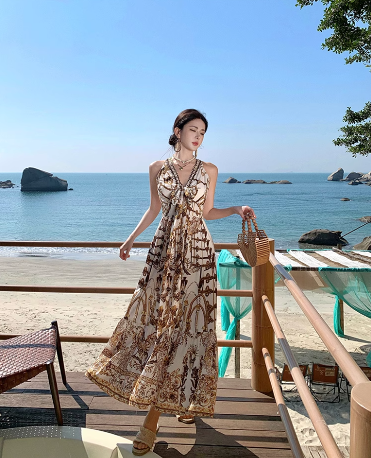 Bohemian style v-neck floral suspender dress temperament waist A-line long skirt R0592