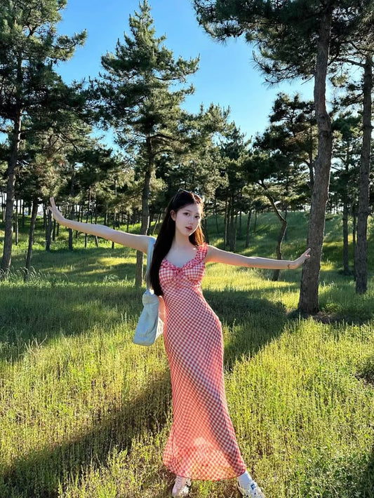 Pink checkered waist slim fit long skirt homecoming dress R3248