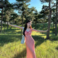 Pink checkered waist slim fit long skirt homecoming dress R3248