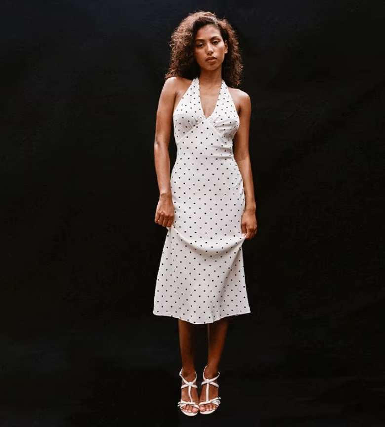 Dress French retro halterneck V-neck sleeveless slim fit polka dot backless white dress R2906