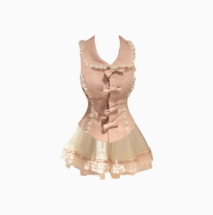 Pure desire style doll collar bow sleeveless top 2025 sweet puffy skirt suit R1274