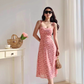 European and American retro girl side slit pink floral suspender skirt long dress R2811