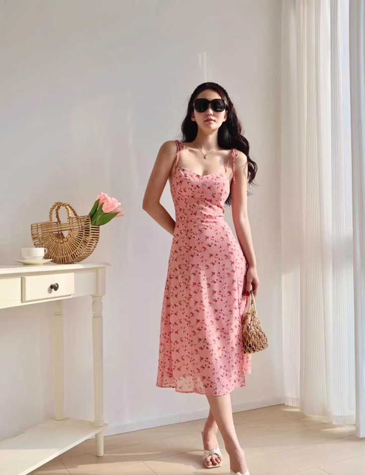European and American retro girl side slit pink floral suspender skirt long dress R2811